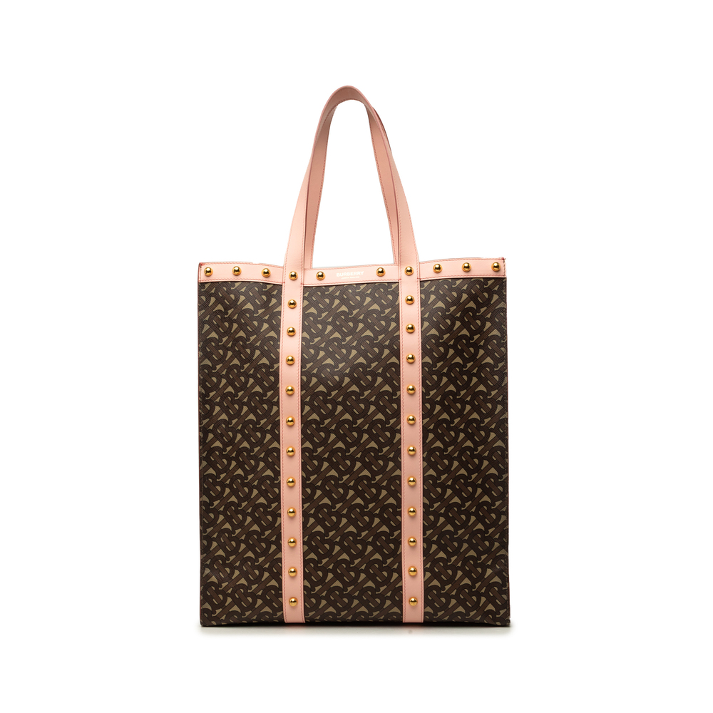 Pre-Loved Burberry TB Monogram E Canvas and Studded Leather Vertical Tote